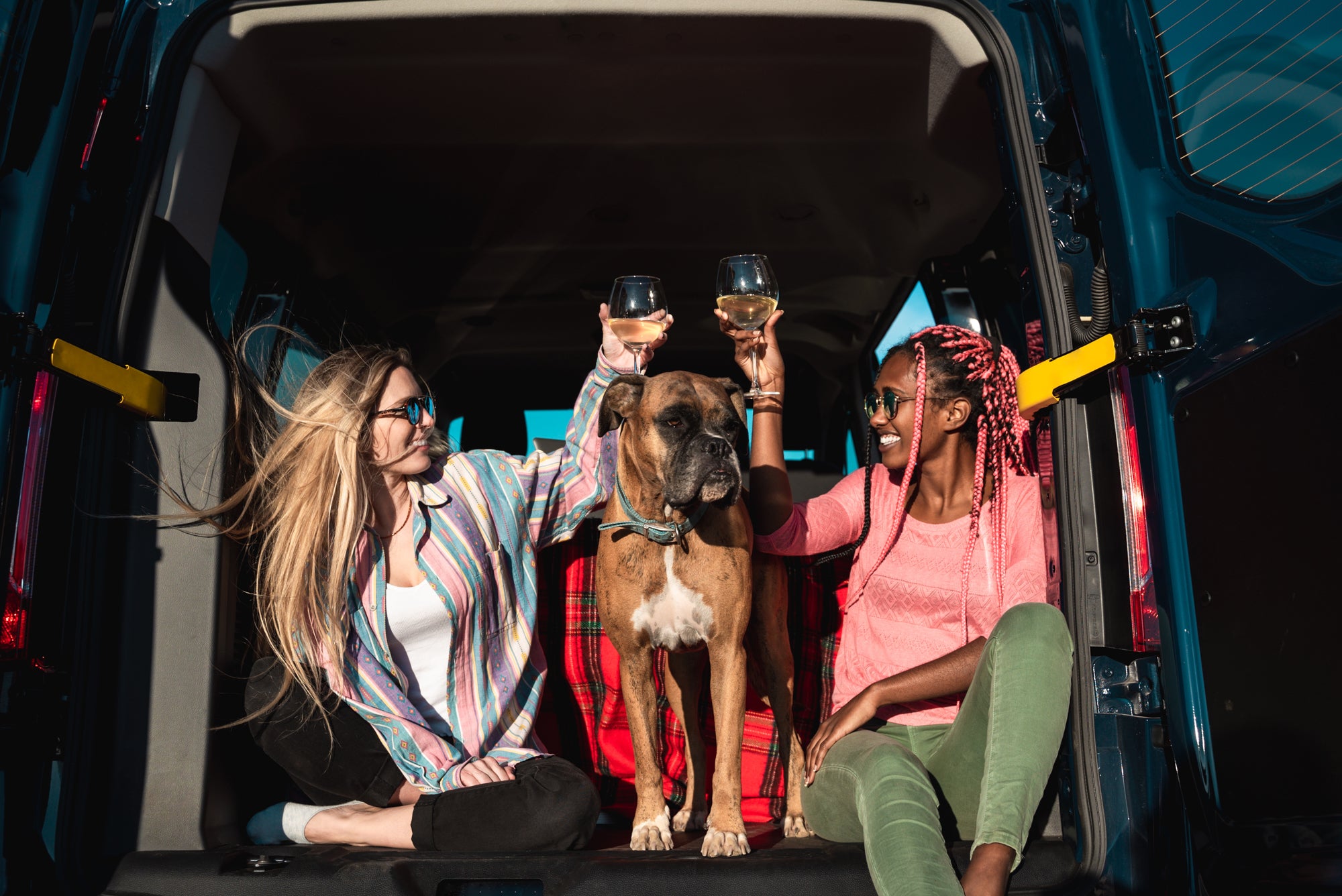 an authentic moment of two women cheersing over their big dog while sitting in the back of a van, doors open wide, with the sun on their faces